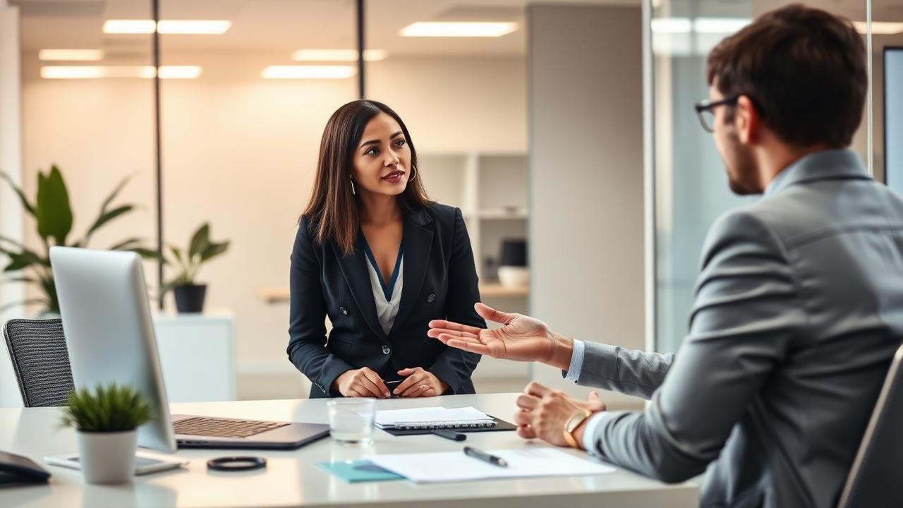 Profissionais conversando em entrevista de emprego em escritório