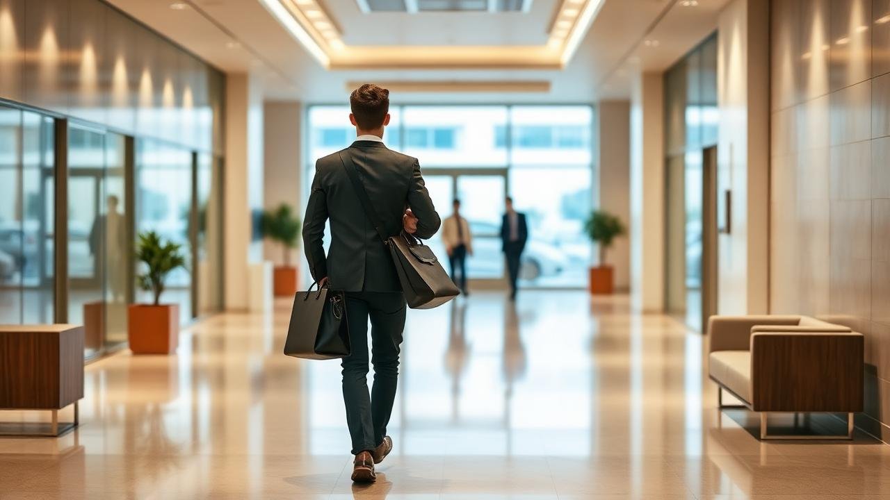 Profissional caminhando por lobby corporativo moderno com bolsa de trabalho