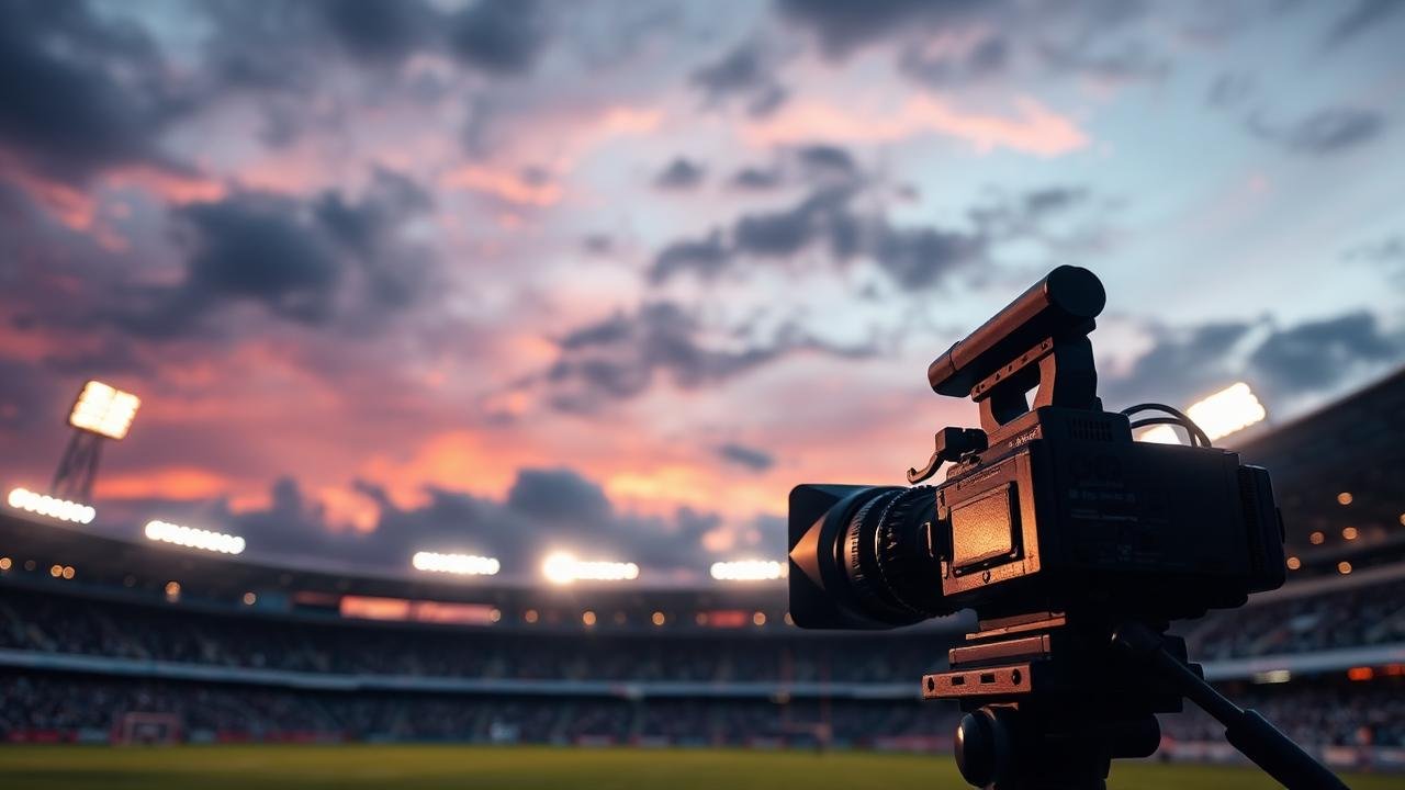 Câmera de transmissão em estádio ao entardecer